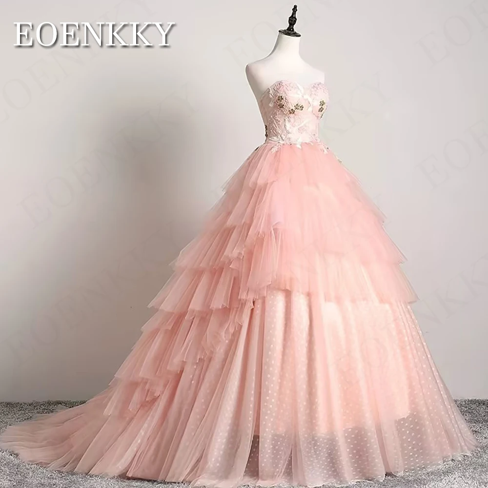 Pink Tiered Dots Tulle Prom Dress Long abito da festa di nozze Strapless Lace Formal Party Gown Applique Sweetheart Floor Length