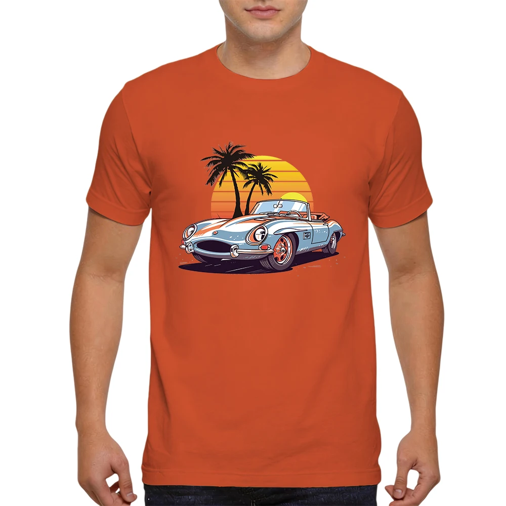 Mens 100% Cotton T Shirt Retro Convertible Car Palm Tree Sunset Graphic Print Summer Short Sleeve Casual Beach Tee