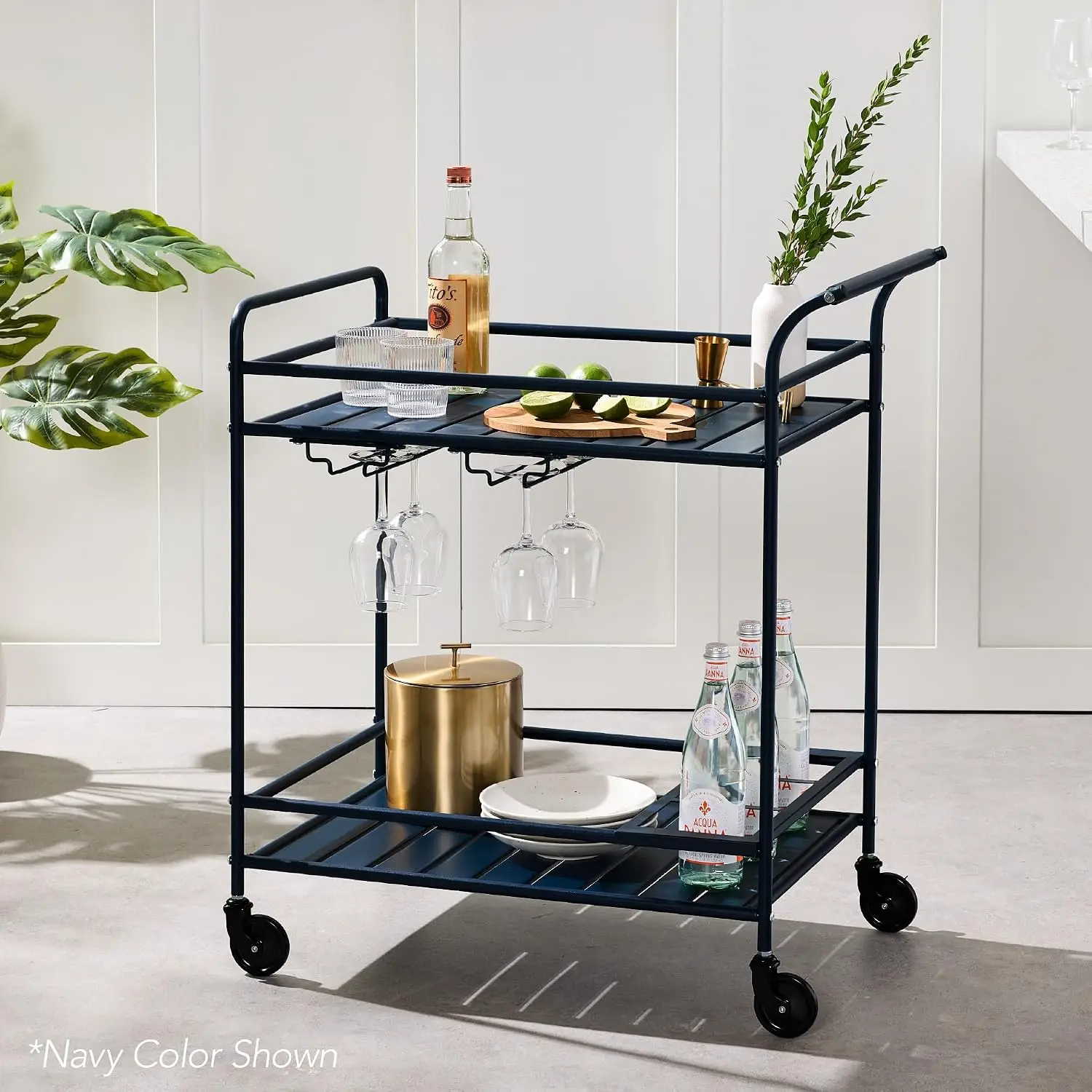Rolling Bar Cart, Mobile Home Bar Serving Cart, Serving Station w/ 2 Tier Shelves, Wine Rack, Lockable Wheels