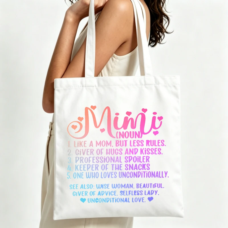 handwritten text canvas tote bag with heart accents, casual style for daily shopping and gift giving
