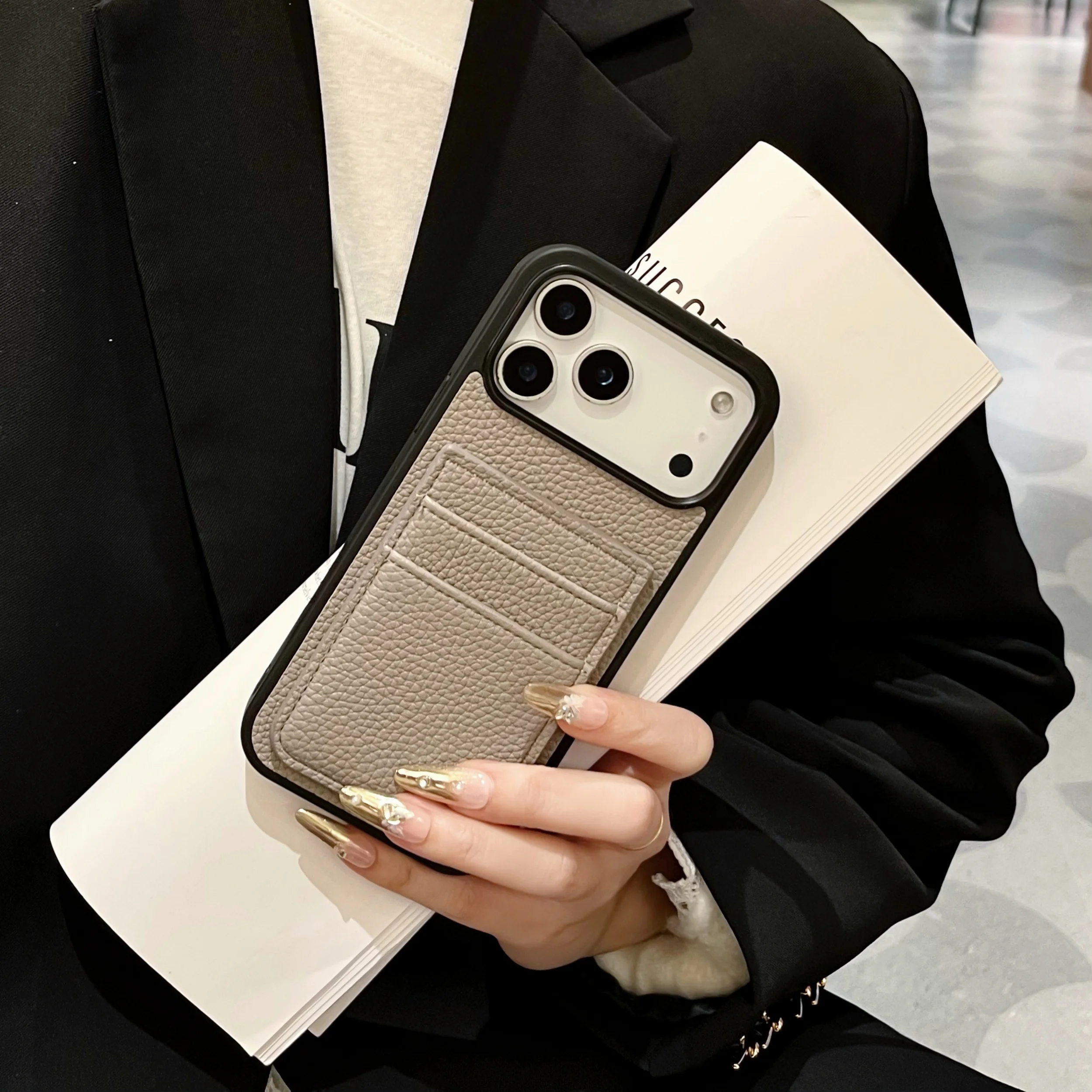 Classic Solid Lychee Texture PU Leather Wallet Case Dual Card Slots Shockproof Phone Cover For iPhone 11 12 13 14 15 16 17 Serie