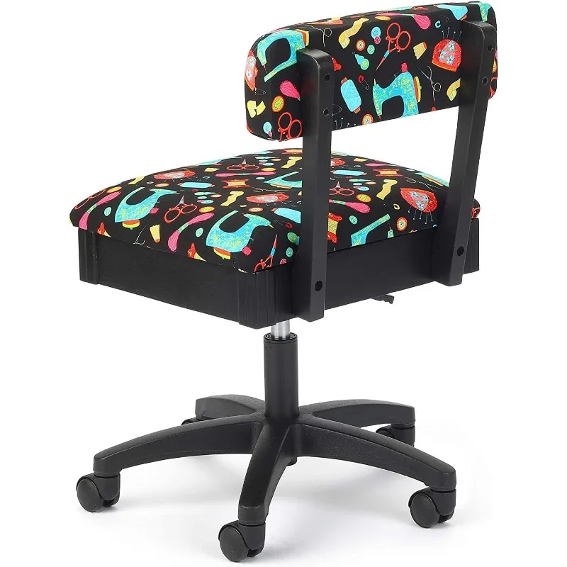 H7013B Adjustable Height Hydraulic Sewing and Craft Chair with Under Seat Storage and Printed Fabric, Sewing Notions Print