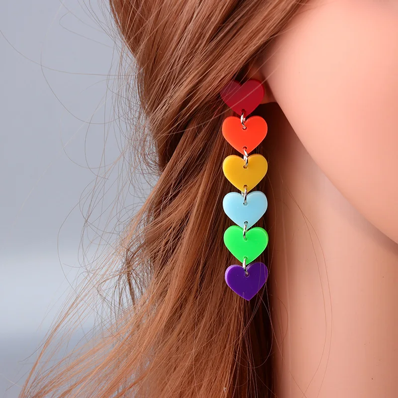 6 Fashion Rainbow Drop Earrings Colorful Love Heart  Chain Long Dangle Earring for Women Men Bar Party Friend Stud Jewelry Gifts