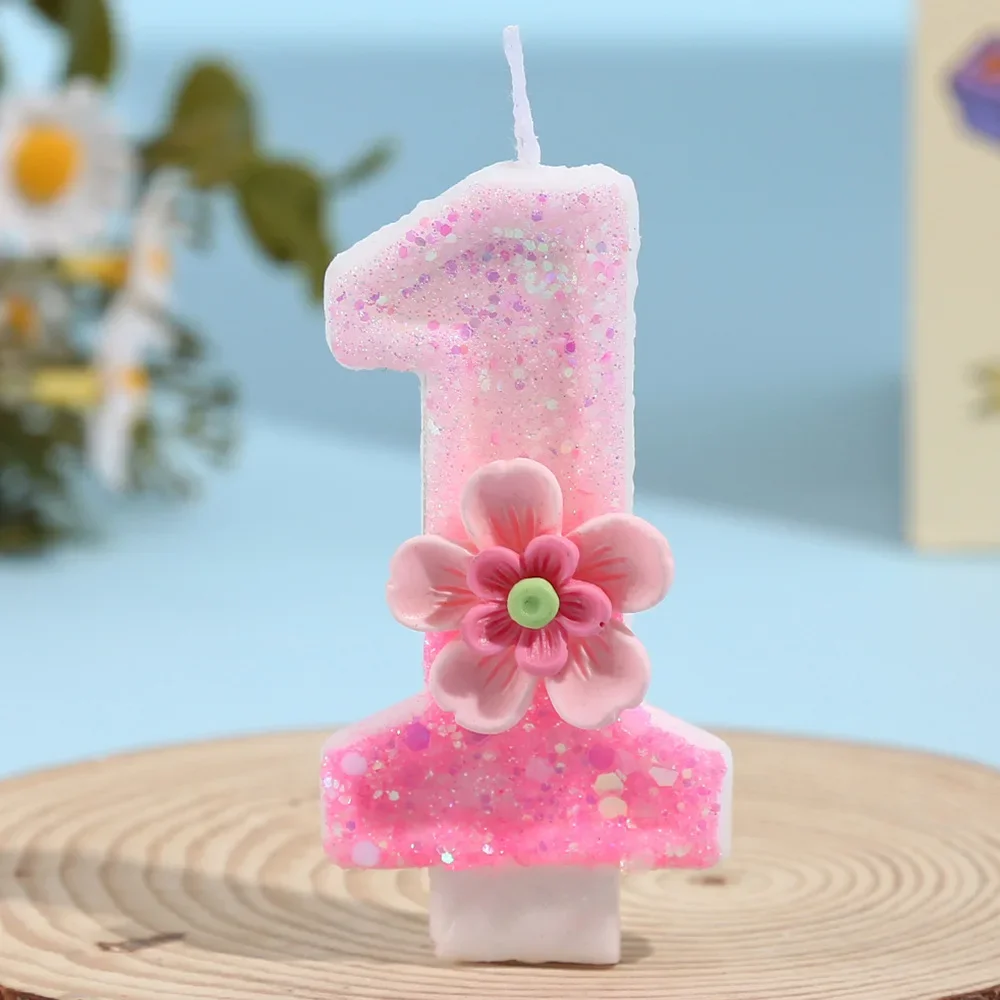 Reine handgemachte DIY 0-9 Zahlen Geburtstagskerzen Farbverlauf Rosa Fünfblättrige Blumen Digitale Kerzen mit Pailletten