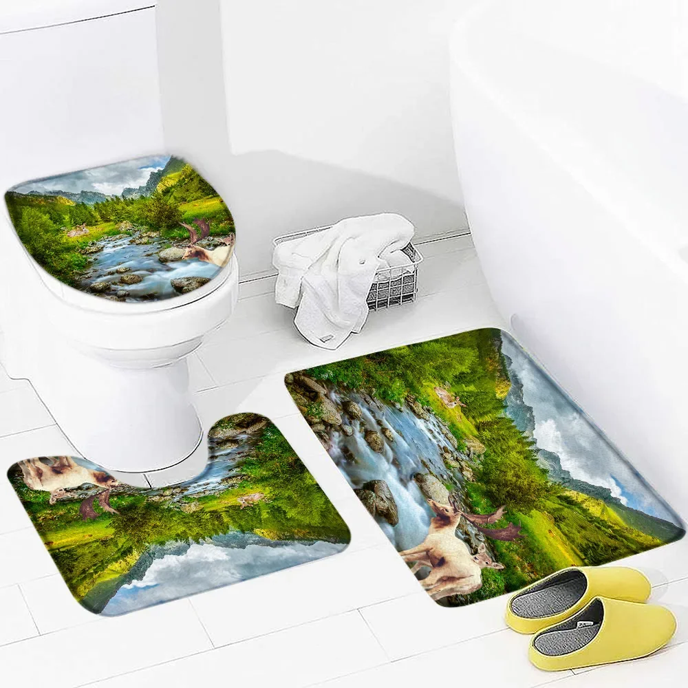 Scenery Bath Mat Set Forest Mountains Water Wildlife Deer Natural Landscape Anti Slip Bathroom Decor Foot Mat Rug Toilet Cover image 2