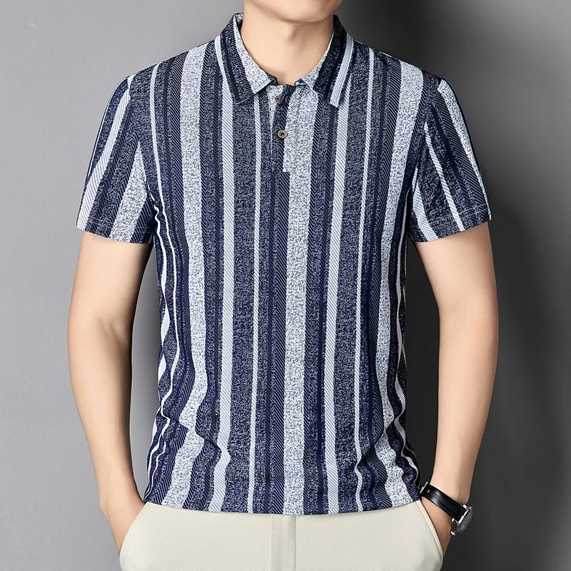 Herren Strukturierte Vertikal Gestreifte Kurzarm-Poloshirts Lässige Business-Oberteile Atmungsaktiv Knitterfrei Sommerkleidung – Detail 23