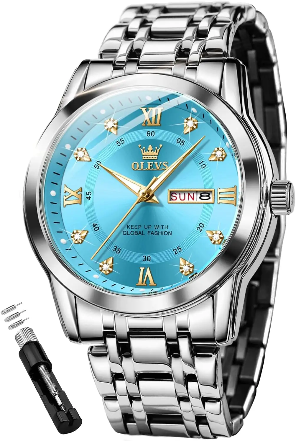 

Men's Luxury Business Dress Watch with Diamond, Quartz Movement, Stainless Steel, Waterproof and Luminous Day Date