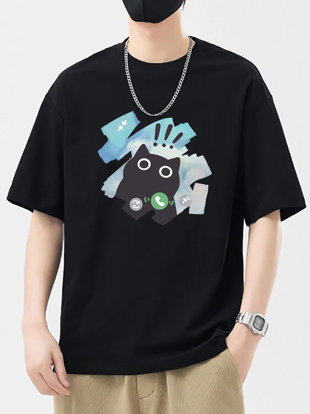 Cute Cat Phone Call Print T-Shirt Men Creative Graphic Tee Summer Fashion Casual Short Sleeve Top Hip Hop Streetwear T-Shirt