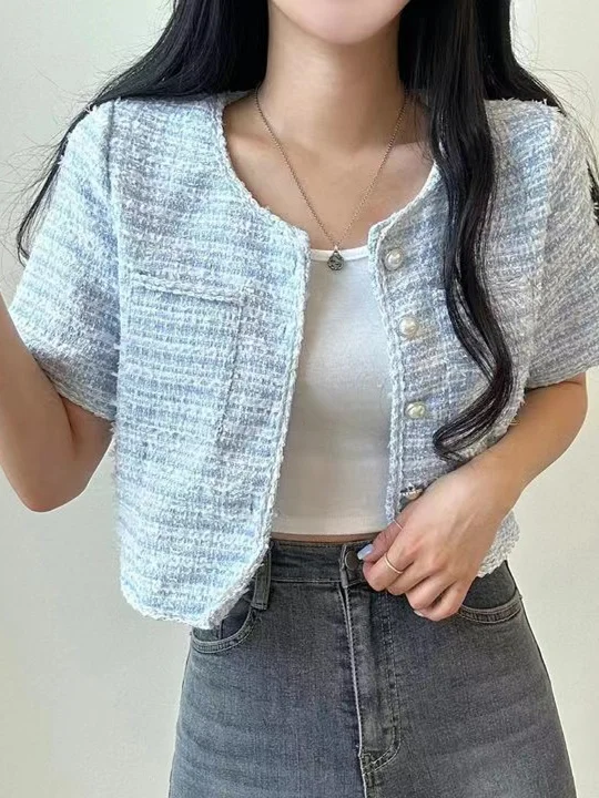 Verano 2025 Cárdigan Corto de Tejido ueso de Manga Corta Anti-UV para Mujer Estilo de Fragancia Pequeña de Colores Mixtos V...