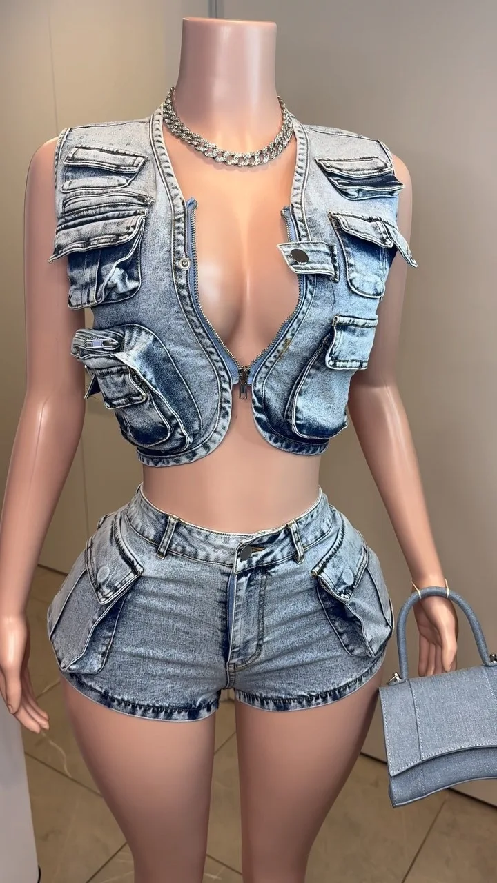 Street Denim Women's Set Sleeveless Vest +Jeans Shorts Suits Summer Two 2 Piece Set Outfits Elastic Pockets Tracksuit