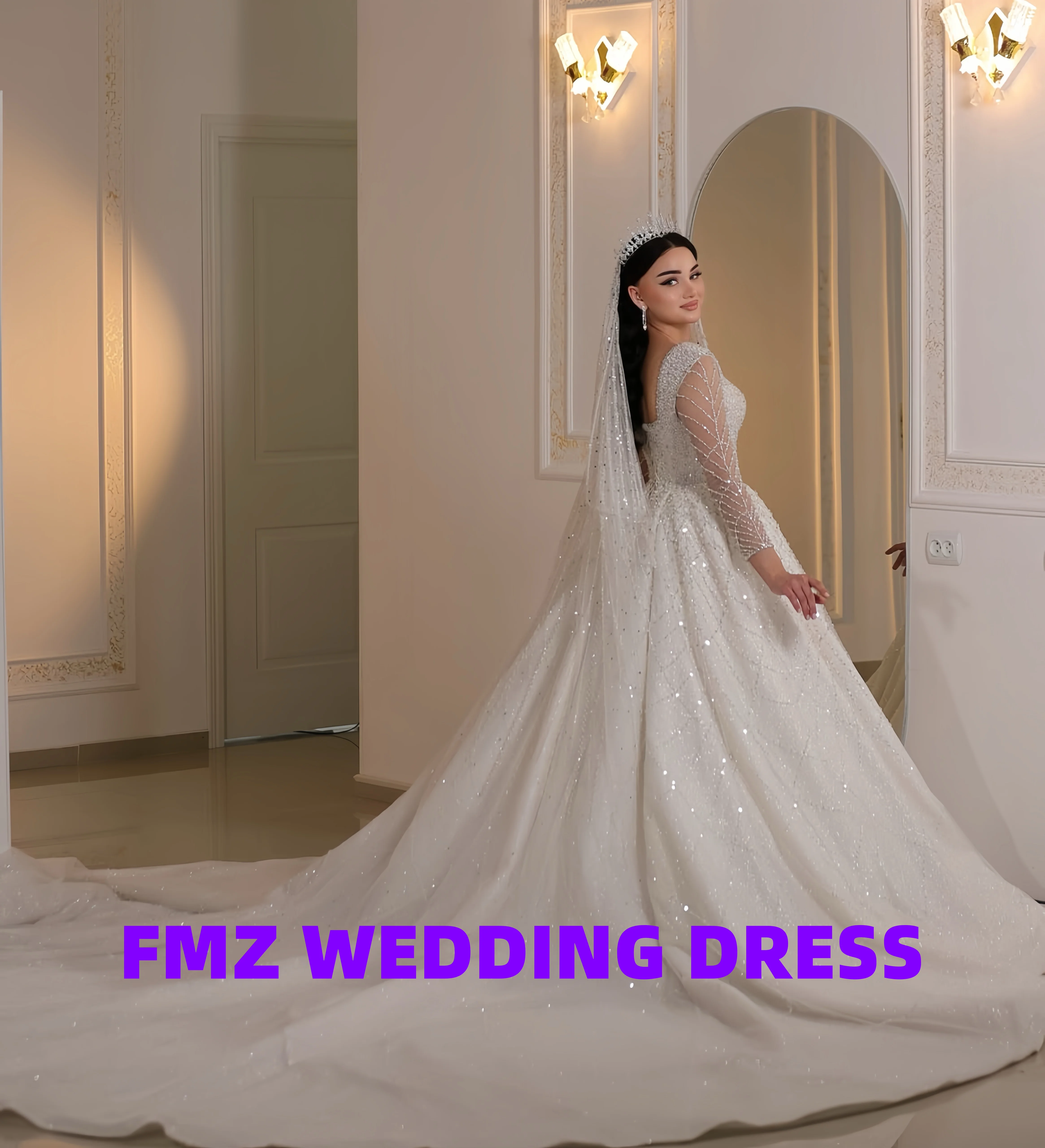 Aangepaste prachtige trouwjurk vierkante kraag lange mouwen kralen baljurk robe de mariee trouwjurk vestidos de novia