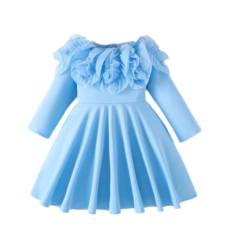 

New Spring and Autumn Children's Clothing for Girls Solid Color Long Sleeve Lace Collar Princess Dress