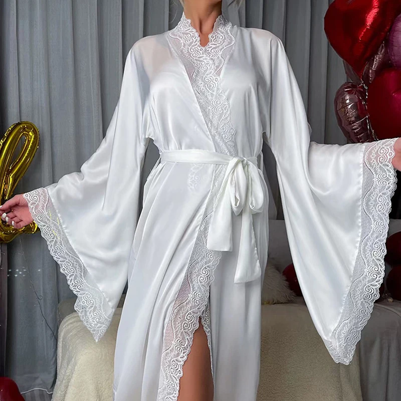 Oversized Satin Silk Robe Women Lace Bride Dresses Sleepwear Fashion Sexy Wedding Pajamas Female Long Sleeves Belt Tie Dressrobe