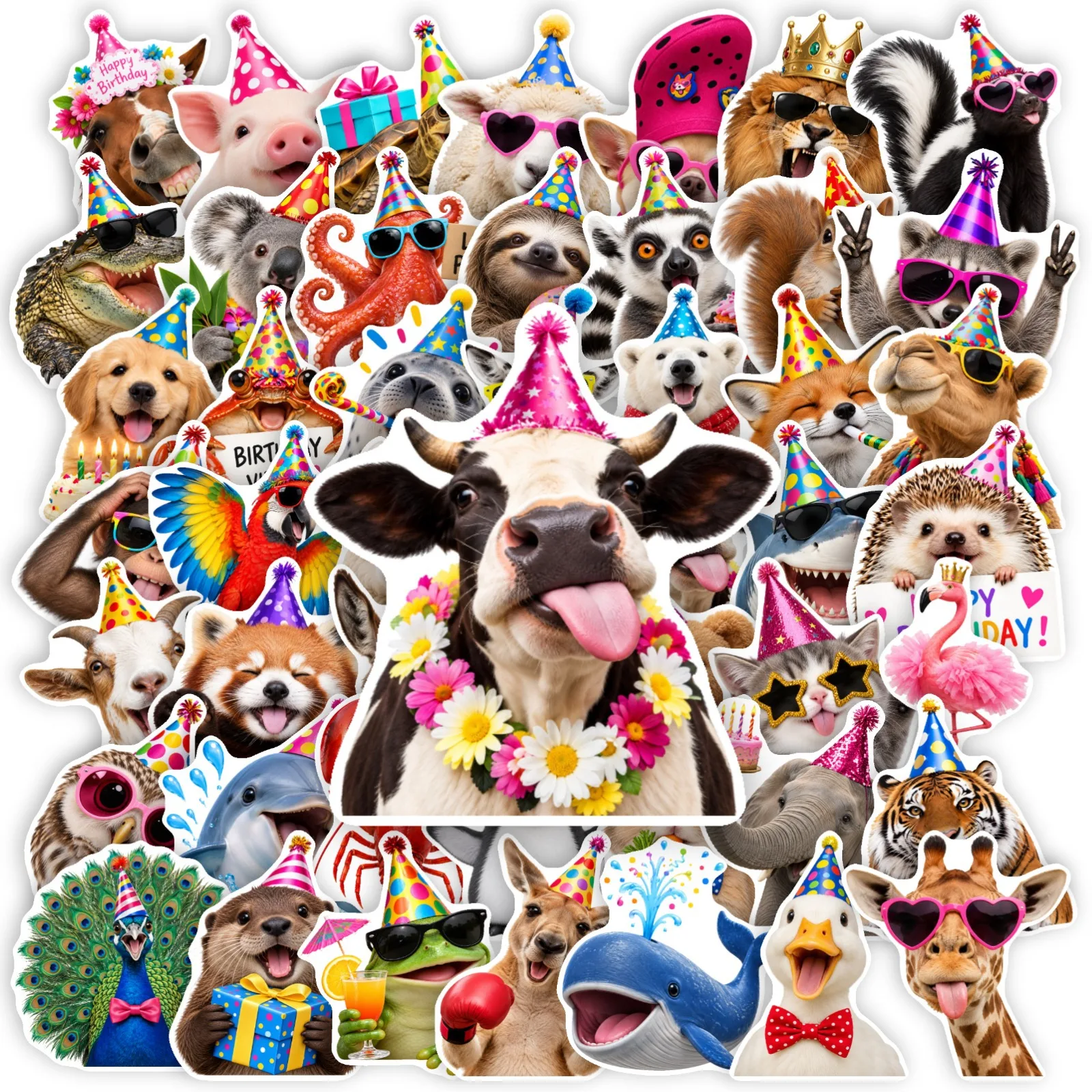 50 Pcs Fun Birthday Party Animal Stickers Cartoonish Balloons Cake Toppers with Hats Quirky Decorations for Celebrations