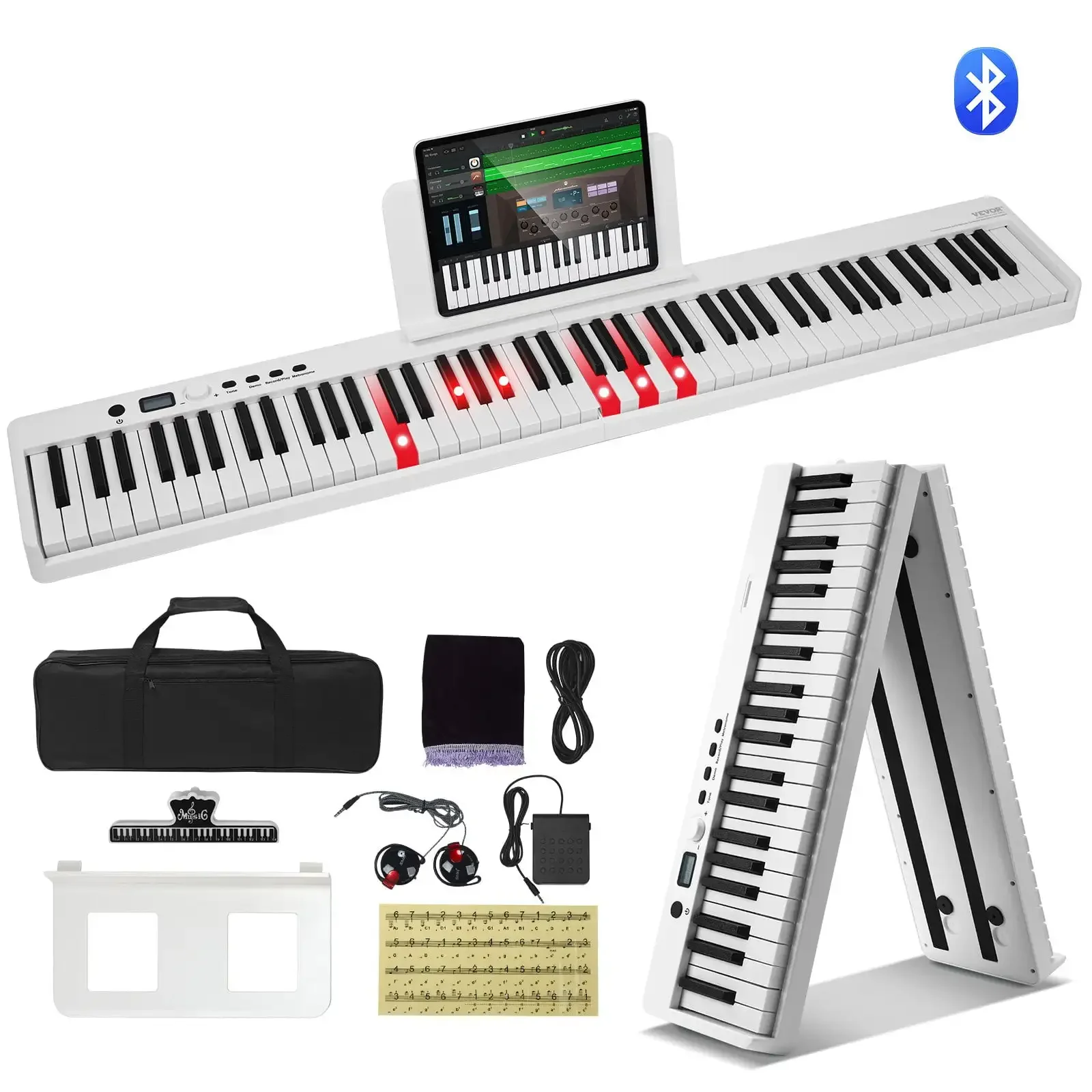 88-Key Folding Keyboard Piano, Portable Foldable Piano with Bluetooth & MIDI, White