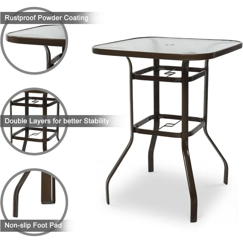 Bartisch für den Außenbereich mit Schirmloch, Metall-Terrassen-Barhöhe, Kneipentisch für Terrasse, hohe Platte (braun)