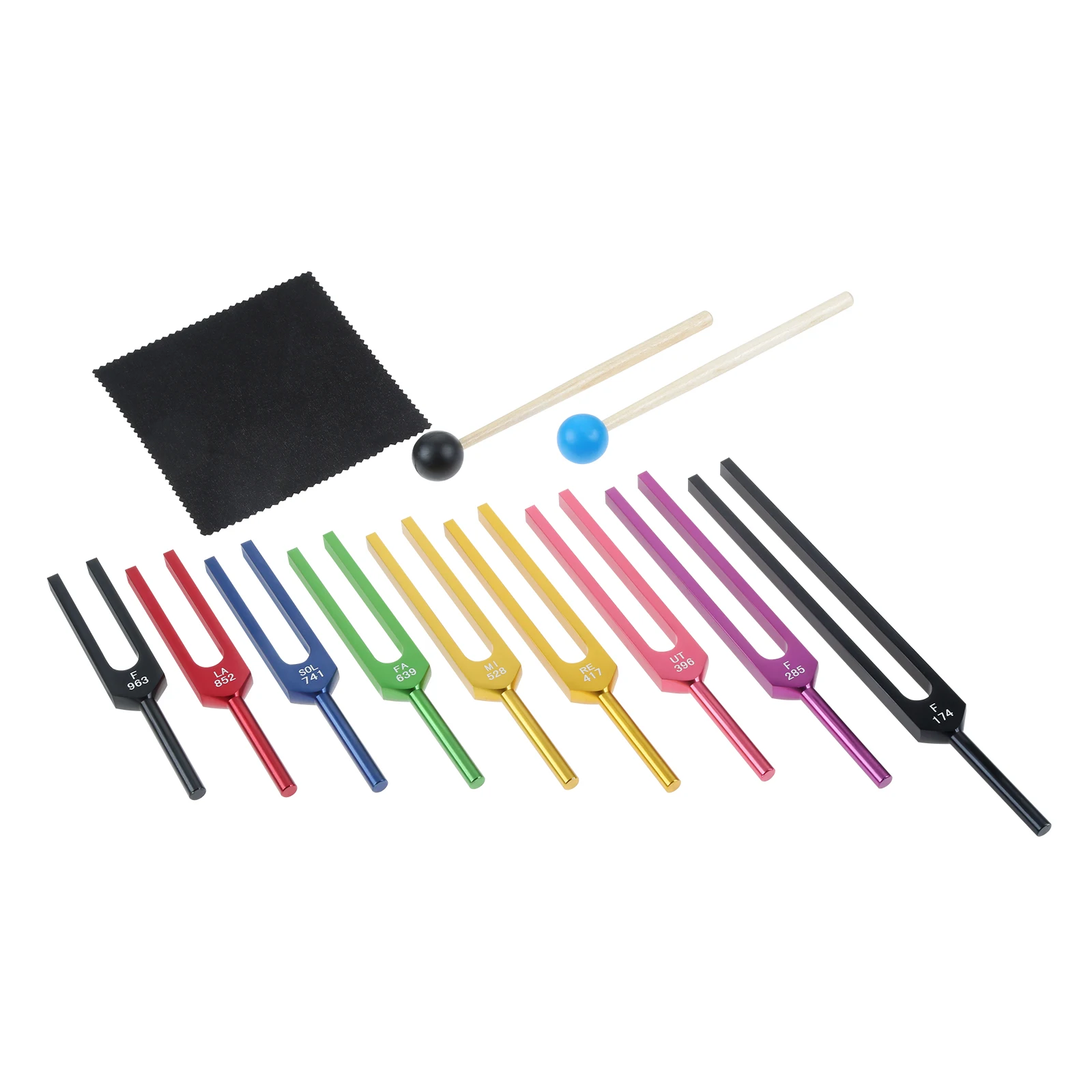 

9pcs Solfeggio Tuning Forks and Silicone Hammer Storage Bag Set for Healing Sound Therapy(174/285/396/417/528/639/741/852/963Hz)