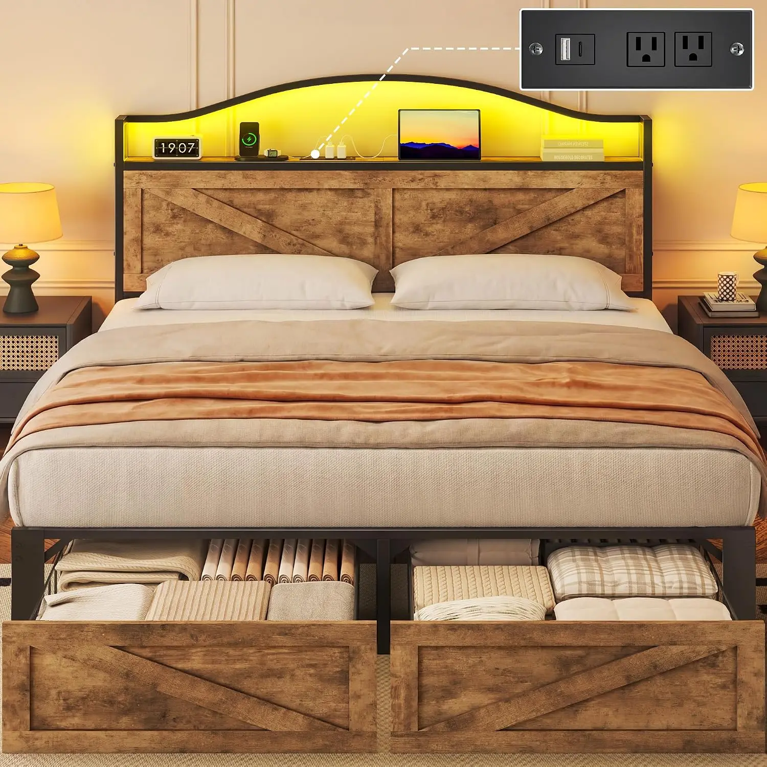 Queen Bed with Farmhouse Storage Headboard, Queen Bed with 2 Storage Drawers and Fast-Charging Station and Led Light, No Box Spr