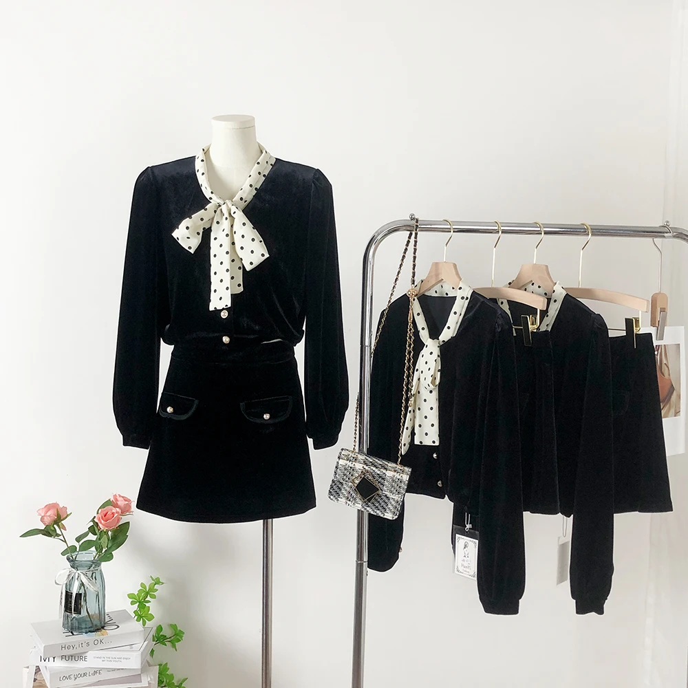 

2025 модный элегантный стильный бархатный топ и юбка, комплект из 2 предметов, женские одинаковые комплекты, наряд на день рождения, эстетичная шикарная униформа Jk 2000-х годов