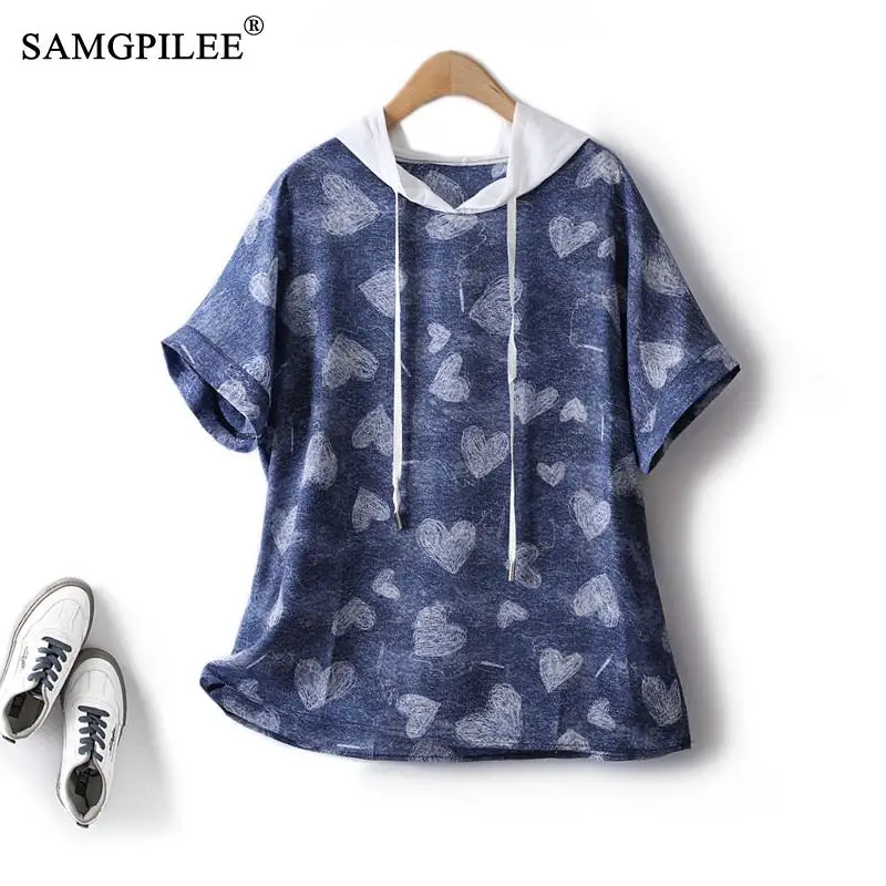 

2023 Summer Chiffon Top Women Hooded Color Matching Blue Cute Peach Heart Figure Loose Thin Casual T-shirts Female Clothing 4XL