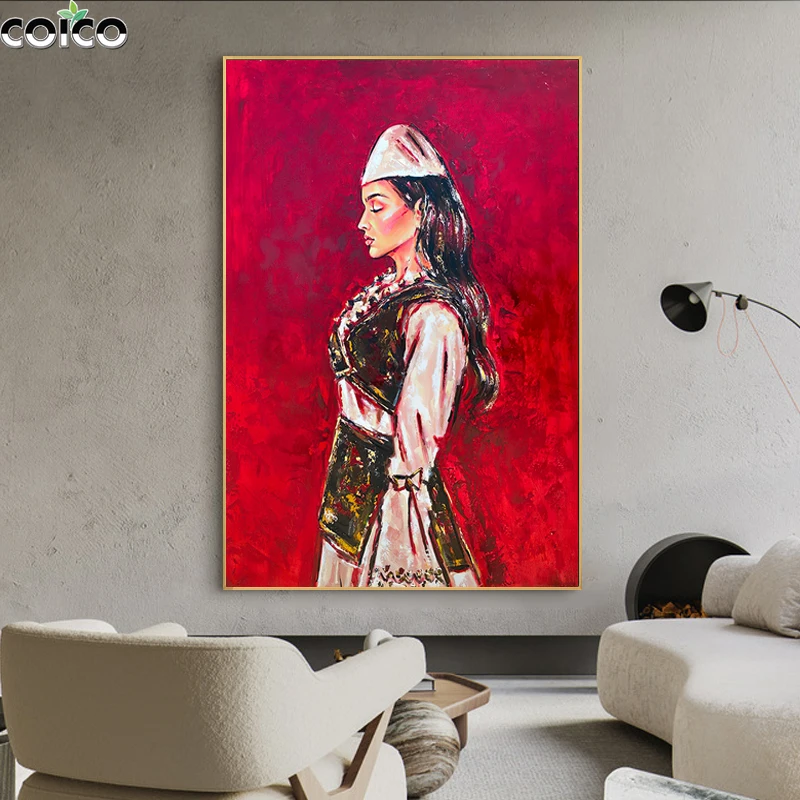 Wall Art Canvas Painting with Frame Albanian Woman Red Poster Hand Oil Painting Modern Print Pciture Home Decor for Living Room