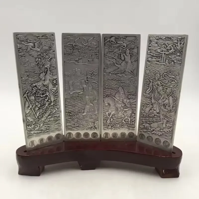 Antique White Copper Eight Immortals Crossing the Sea Decoration Exquisite Cooperized Silver Small Screen Four Sets of Home Deco