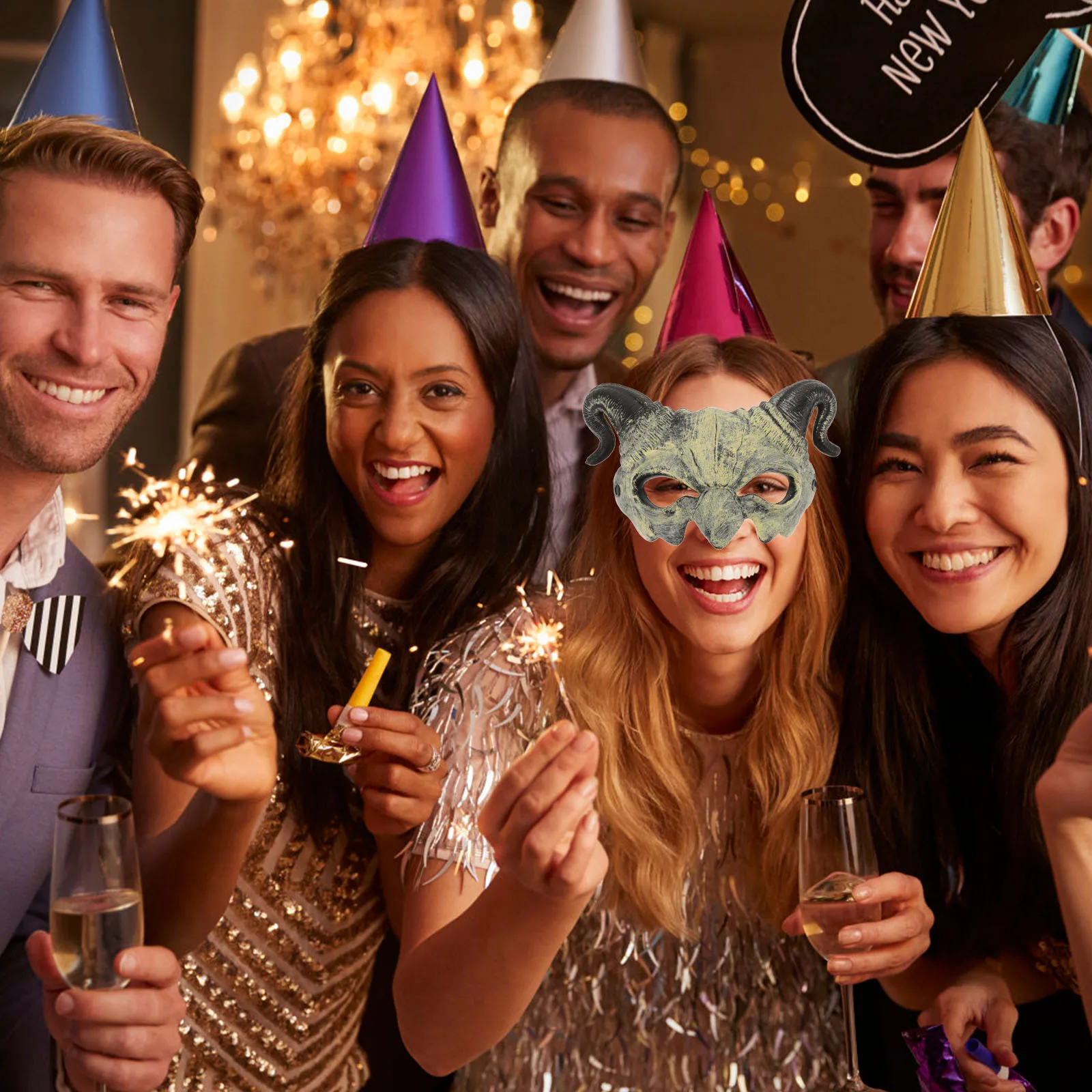 

Horn Half Face Mask Scary Horror Halloween Party Props Halloween Party Cosplay Ghost Mask Novelty Costume Props Beige