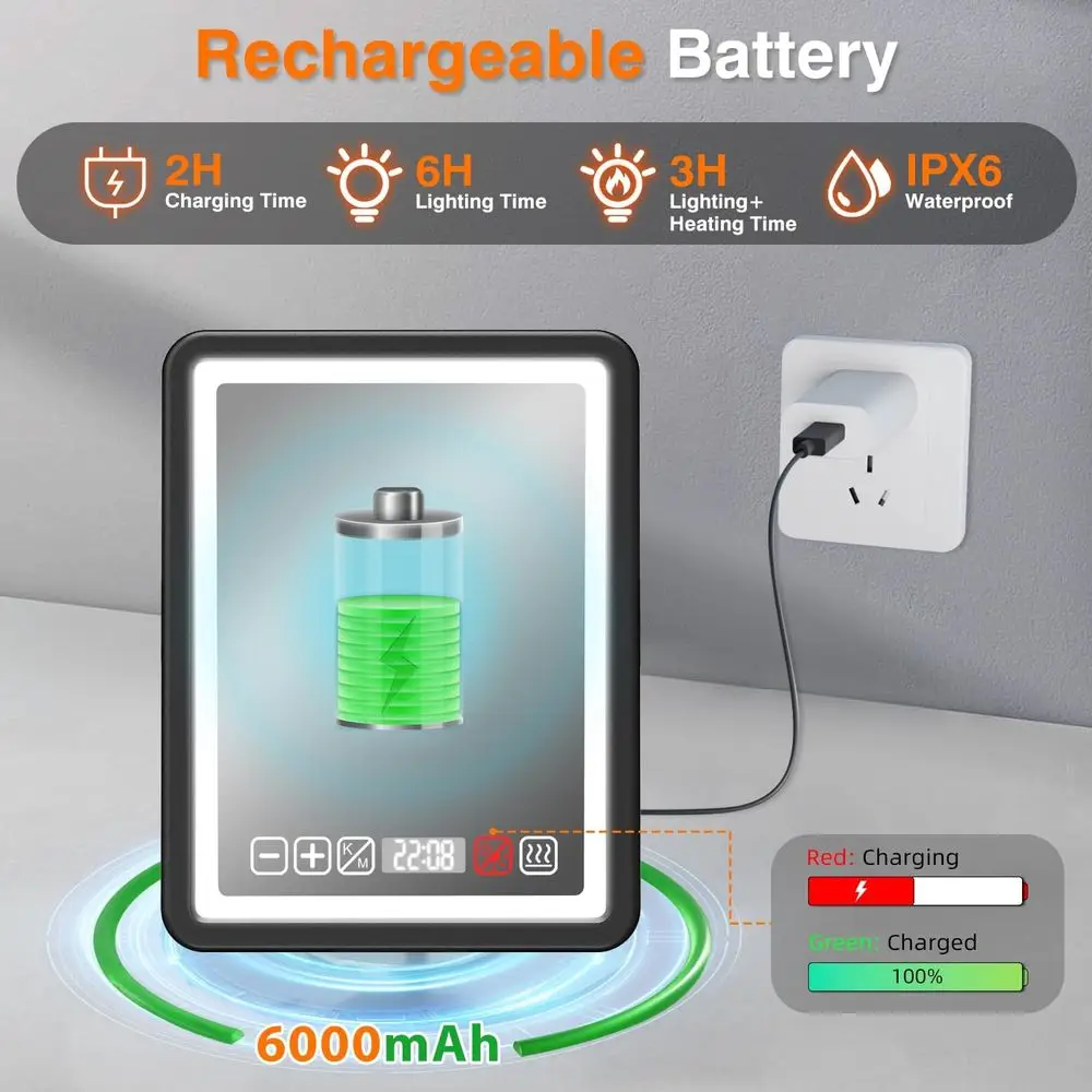 Espelho LED antiembaçante com calor, relógio e armazenamento para barbear no chuveiro