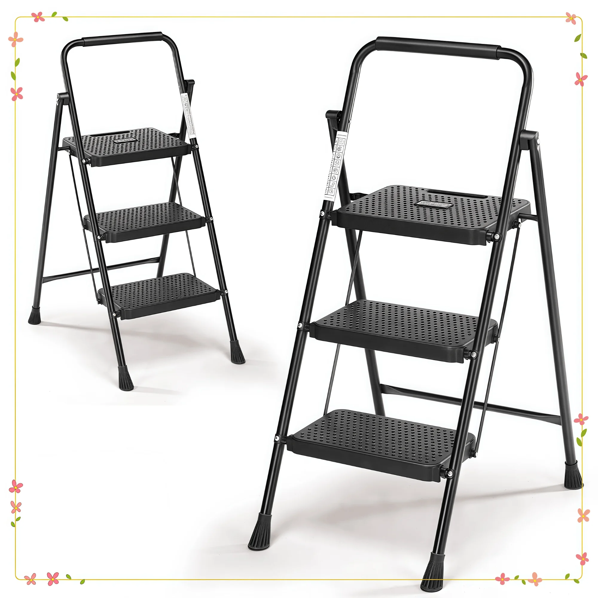 سلم قابل للطي بثلاث خطوات للبالغين، دواسة واسعة مضادة للانزلاق وتصميم مريح، مقعد خفيف الوزن للمطبخ والمرآب والمنزل