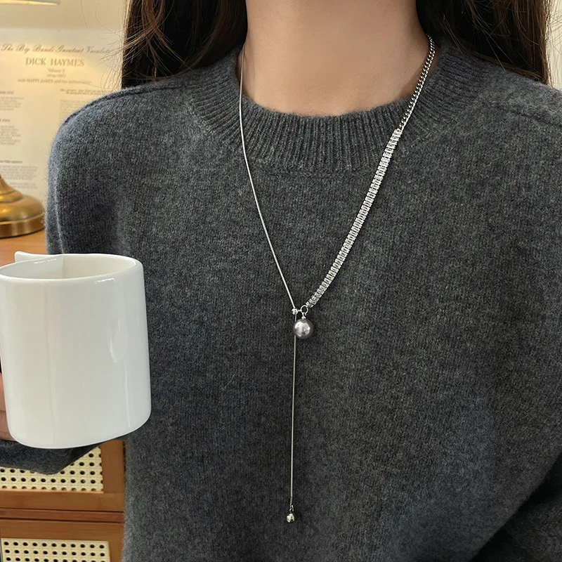 Pearl Rhinestone Drawstring Long Choker Necklace for Women Premium Unique Adjustable Design Lightweight Non Slip Party Daily