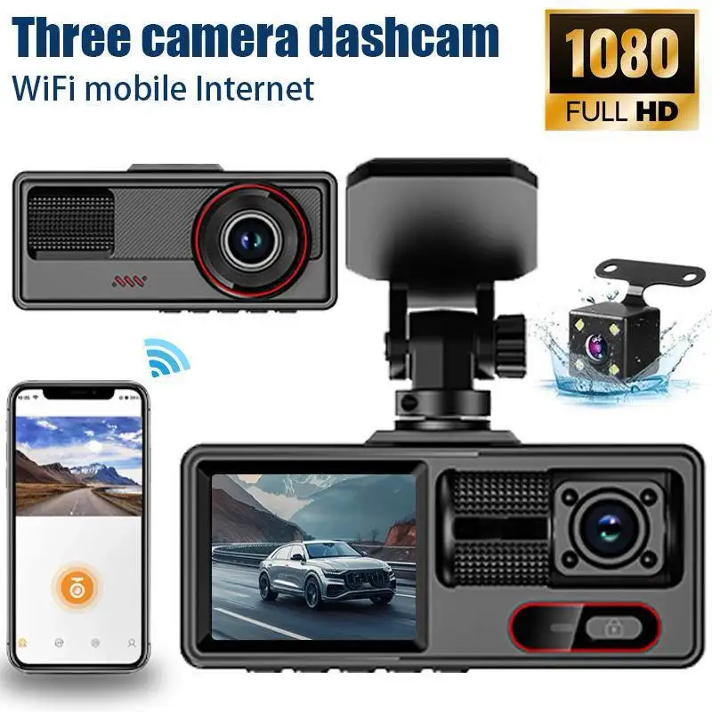 3 Channel Dash Cam, 1080P 3 Lens Car Recorder, WiFi Phone Connect, 2 Inch Screen, Loop Recording, G-Sensor, Night Vision