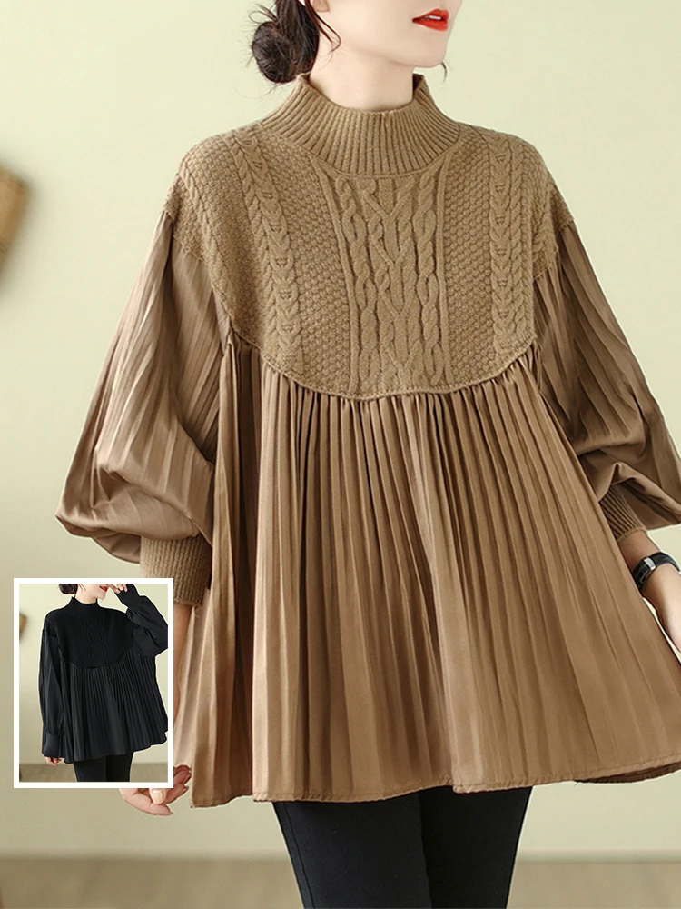 

Вязаный лоскутный свитер больших размеров Jaet f с высоким воротником, антивозрастной топ трапециевидной формы для женщин, осень-зима, повседневная смесь хлопка