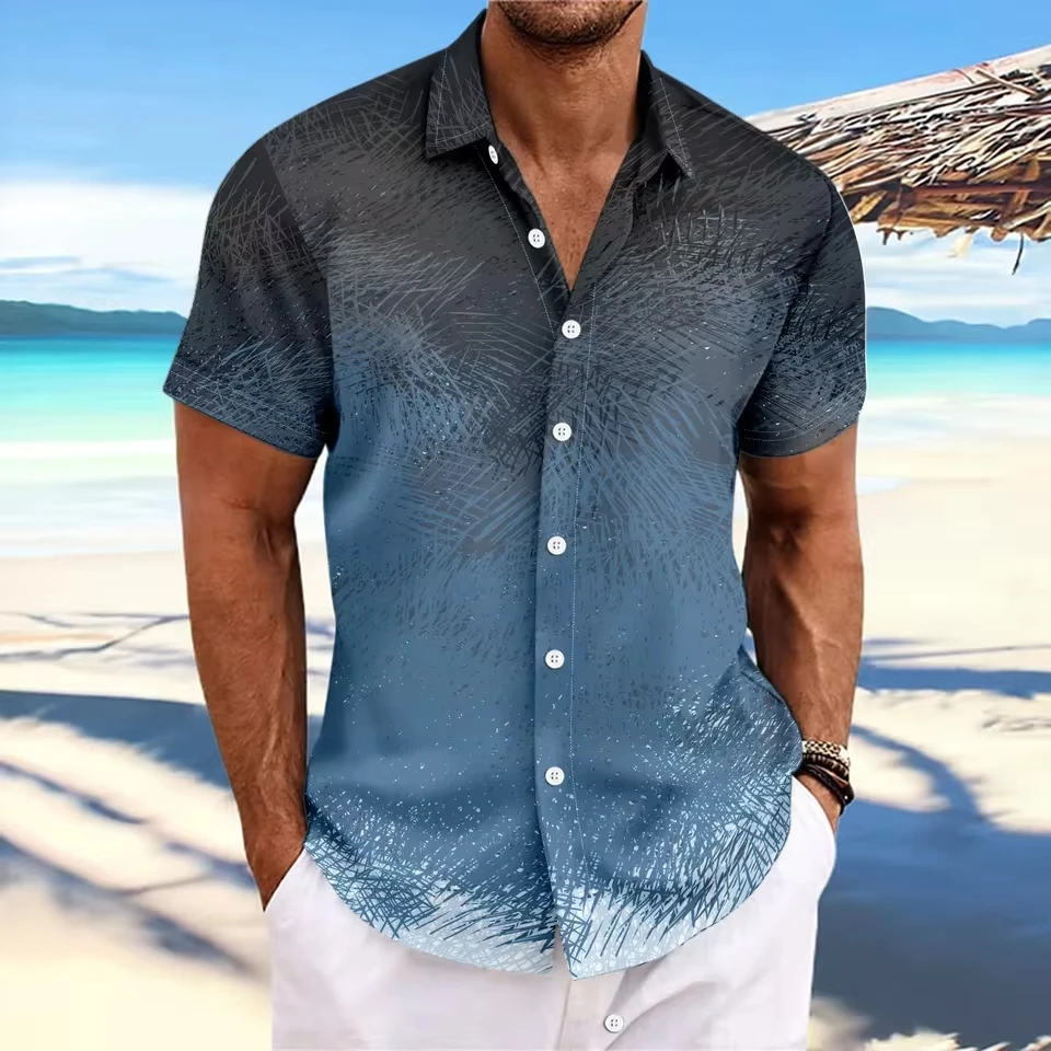 

new men's striped gradual print high-end casual shirt top summer business slim lapel fashion trend short-sleeved cardigan
