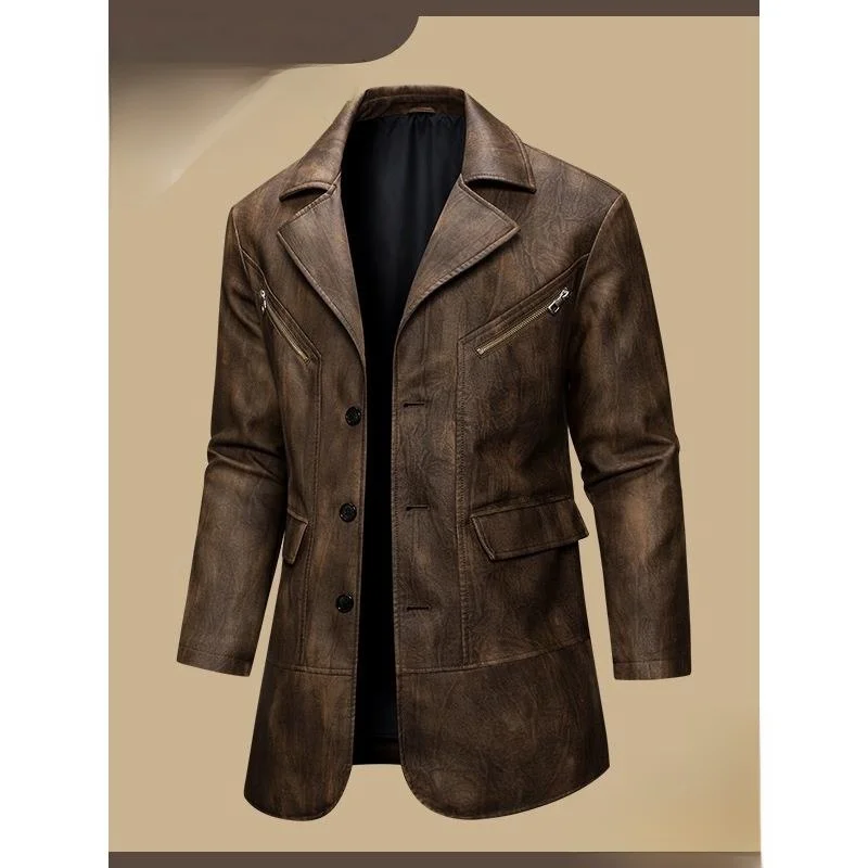 

Модный американский кожаный джемпер из овчины, мужской свободный костюм, пальто, длинная све, повседневное пальто-ветровка Faion