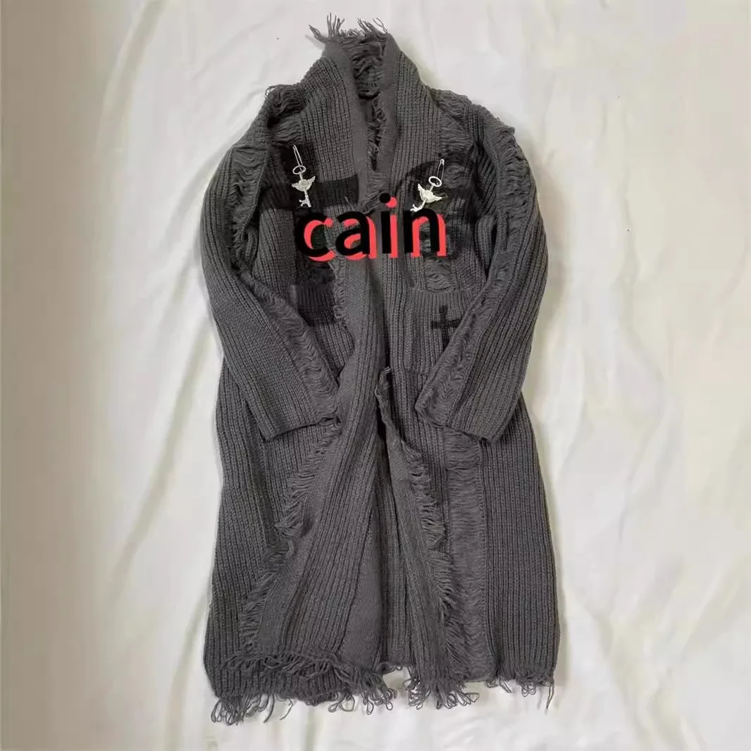 Y2k جديد الأمريكية الرجعية الظلام خمر سترة سترة مع ثقوب الرجال والنساء موضة ممزقة الشرير منتصف طول محبوك سترة #2