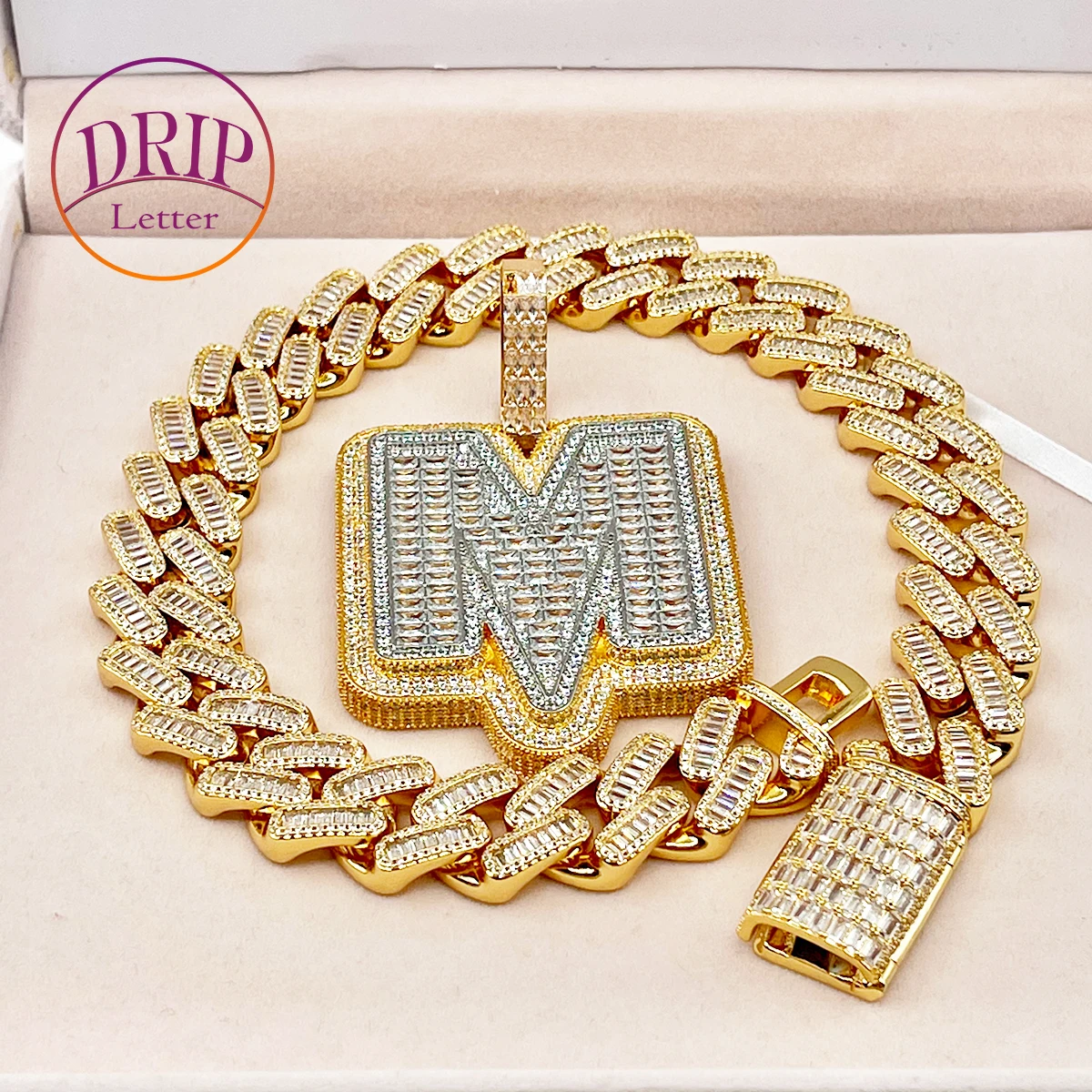 

Drip Letter Jewelry Initial Necklace for Women Iced Out Baguette Pendant Prong Setting Hip Hop Rock Street