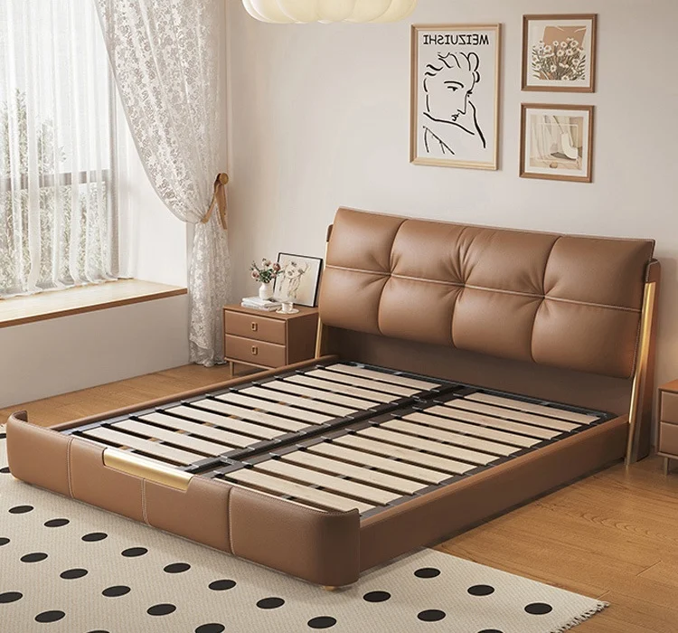 ！@Modern Up-holstered Beds Minimalist Leather Bed with Induction Light Soft Wood Frame Double King Master Bedroom Storage Featur