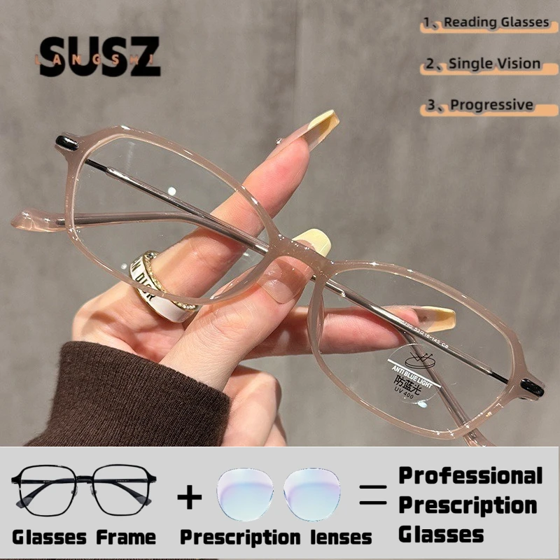 LS-SUSZ Classic Rectangular Reading Glasses Lady Progressive Prescription Glasses Myopia Anti Blue Light Anti-Reflection Eyewear