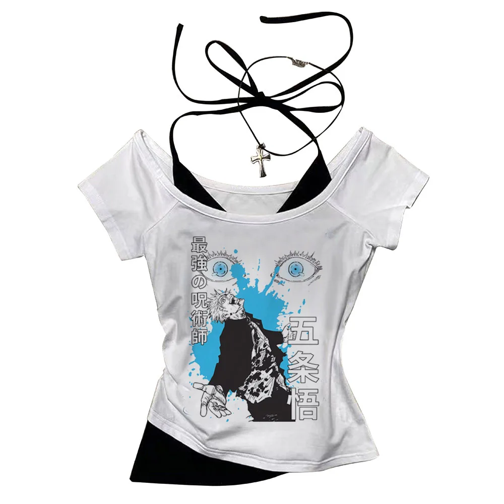 Jujutsu Kaisen Gojo المحاصيل الأعلى سليم صالح لطيف الصيف بيبي دول لطيف شوجو فتاة نمط مشد الجمالية 2000s امرأة تي شيرت