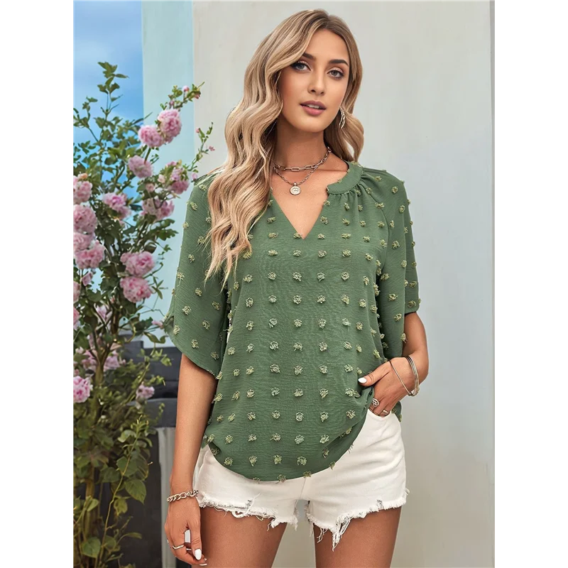 

Womens Ruffle Sleeve Summer Tops Short Sleeve Blouses V Neck Pom Pom Shirts-A55G