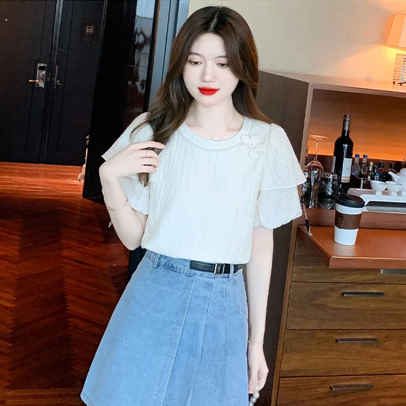Fashion Short Sleeve O-Neck Women Blouse Casual Beading Chiffon Blouse Shirt Women Tops Blusas Mujer De Moda 2024 Verano J628