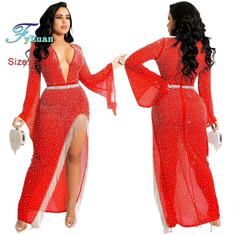 عميق الخامس الرقبة المرأة سبليت هيم سليم صالح فستان انظر من خلال كم طويل مثير مجموعة الماس ذيل السمكة فستان سهرة عيد ميلاد رداء