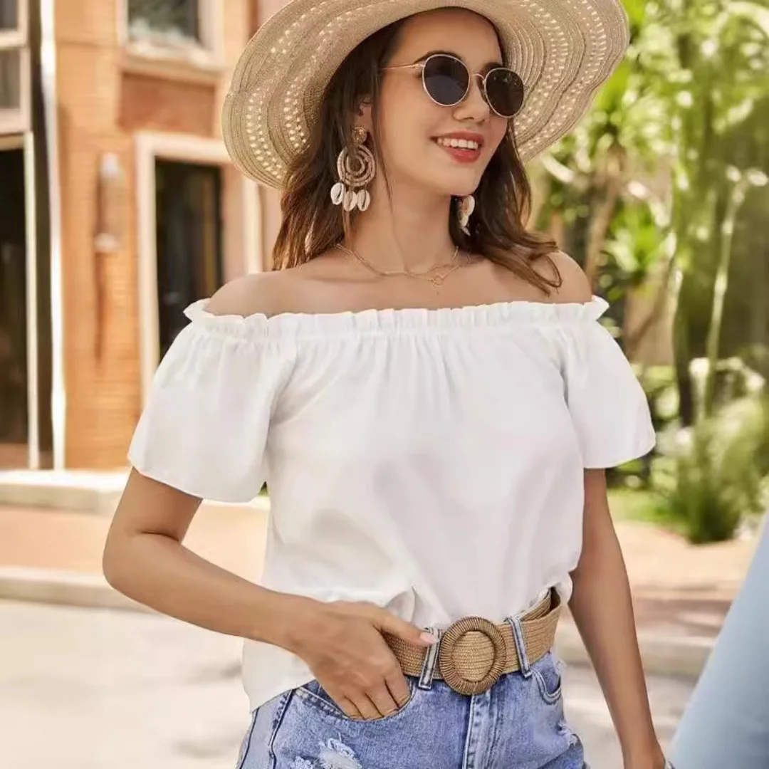 Summer Off Shoulder Blouse For Women Ruffle Trim Short Sleeve Casual Vacation Top Cute Beach Tee