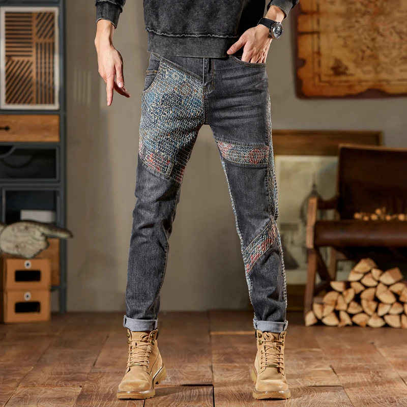 

Top of the Range Jeans for Men with Collision Cashew Flowers Personalized, Black and Gray Casual Jeans