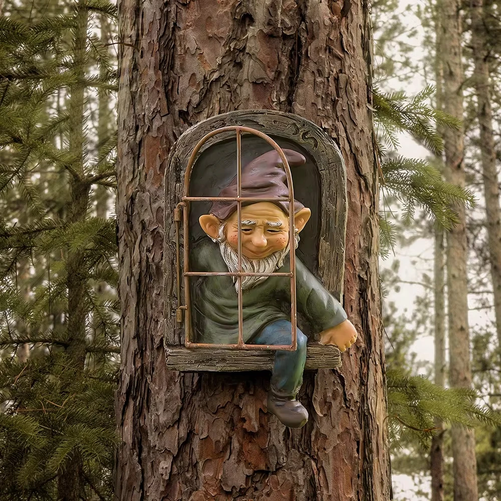 

Creative Garden Gnome Statue Elf Out Tree Hug Suitable for Home Courtyard Porch Table Decoration