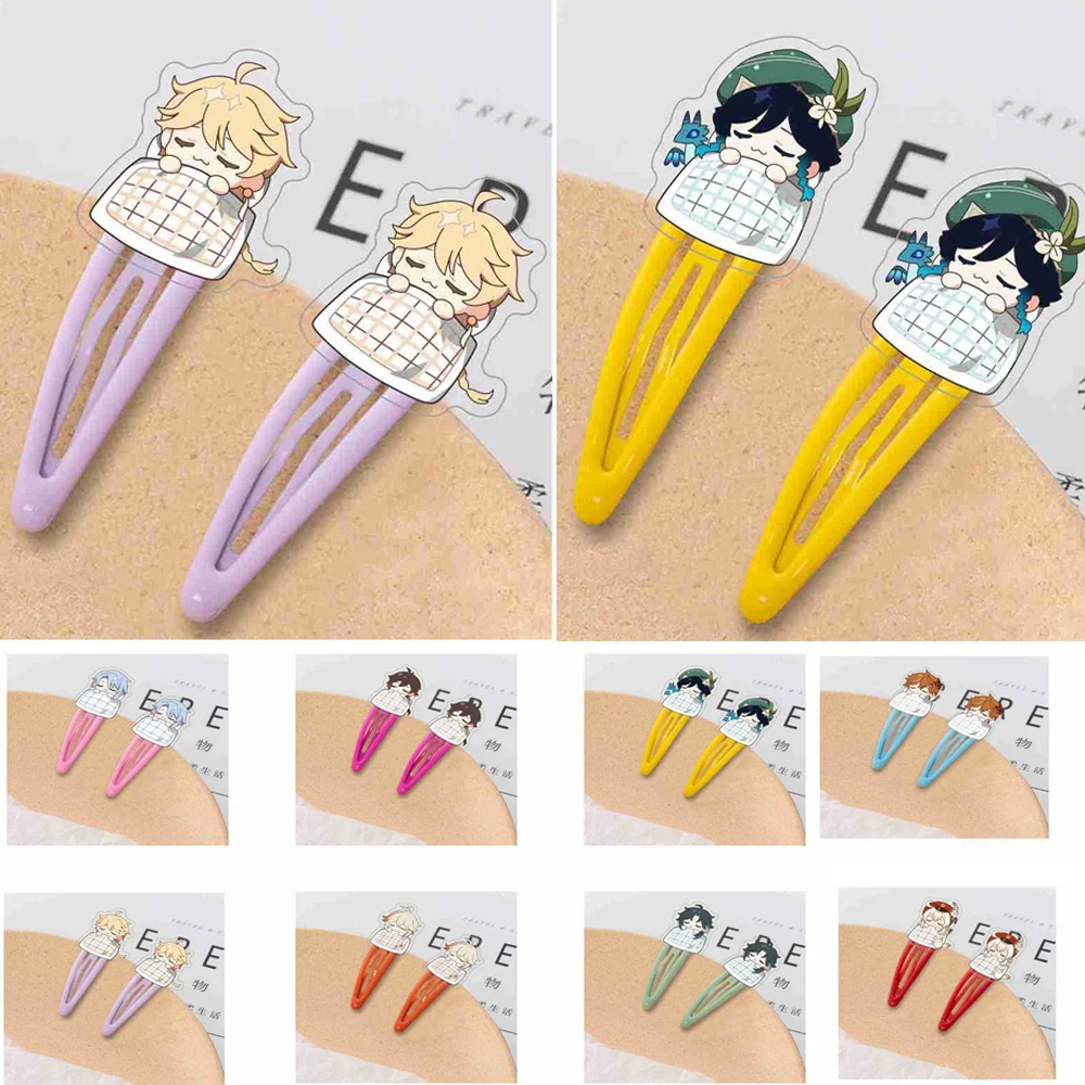 1Pair Cute YUAN SHEN Kids Hair Pin Acrylic Children's Hair Clip Colorful Anime Character Hairwear Cosplay Accessories