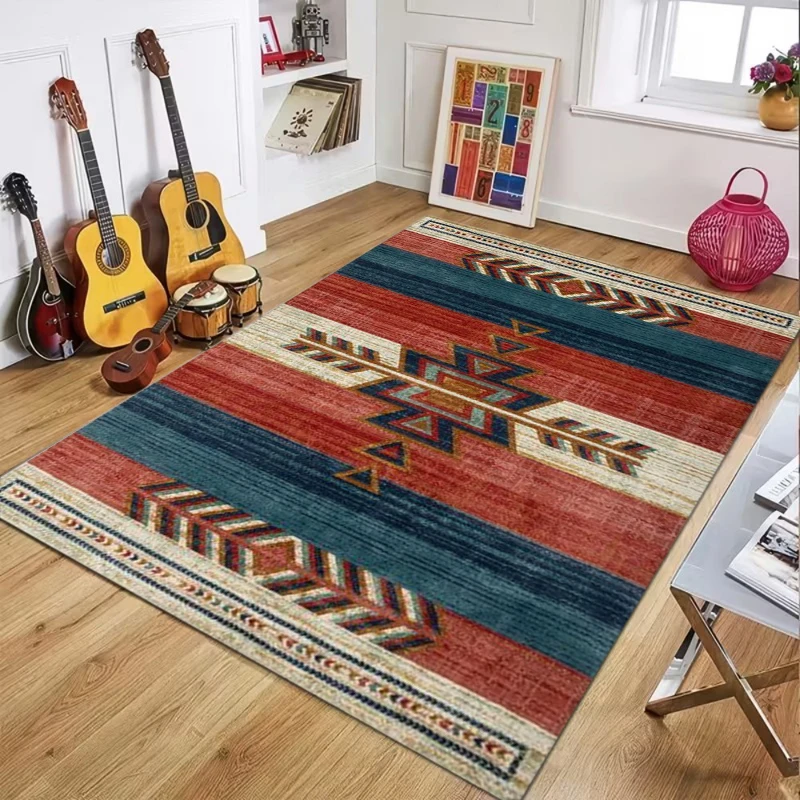 Deep Blue Ethnic Pattern Carpet Rug Mat Home Decoration Geometric Aztec Tribal Design Vintage Style Guest Room Bedroom Floor Mat
