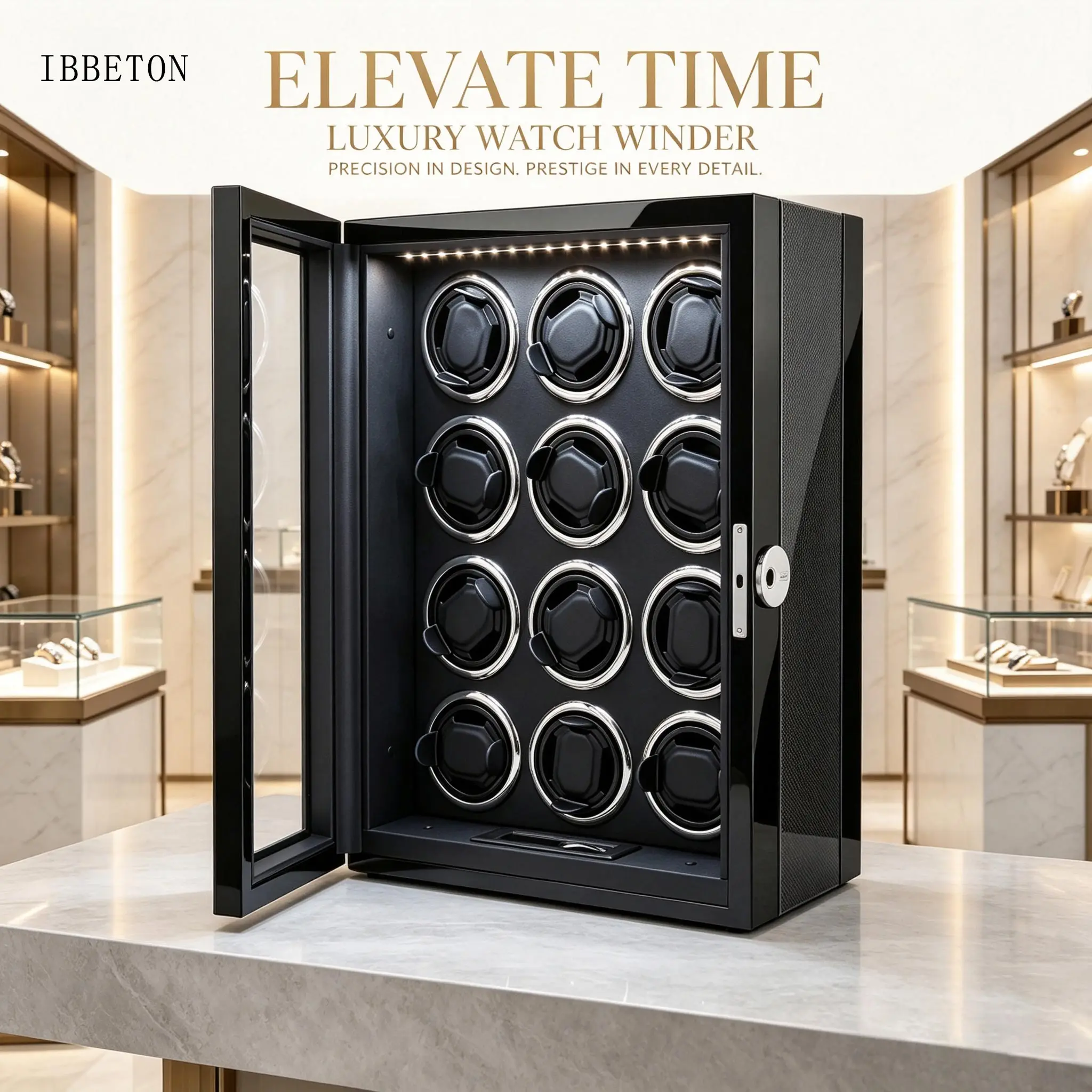 Watch Winder Carbon Fiber Fingerprint Lock Shaker LCD Screen for Home Collection and Safety Watch Box