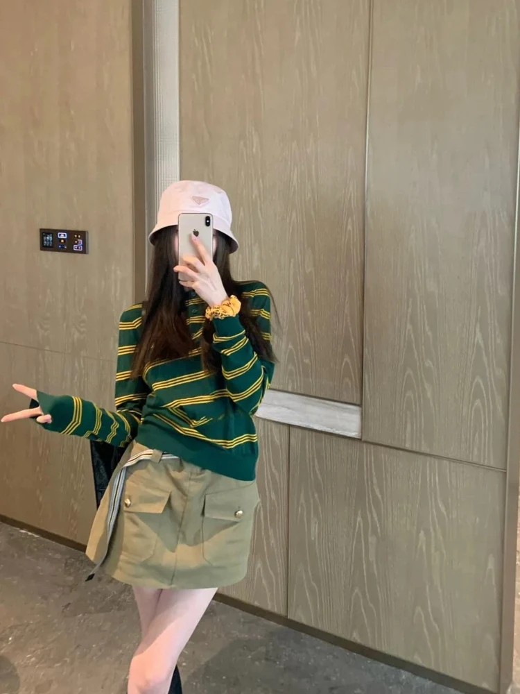 

Fashionable Striped Knit Shirt Women's Collared Top Spring Autumn New Arrival Korean Style Versatile Basic round Neck Long Sl...