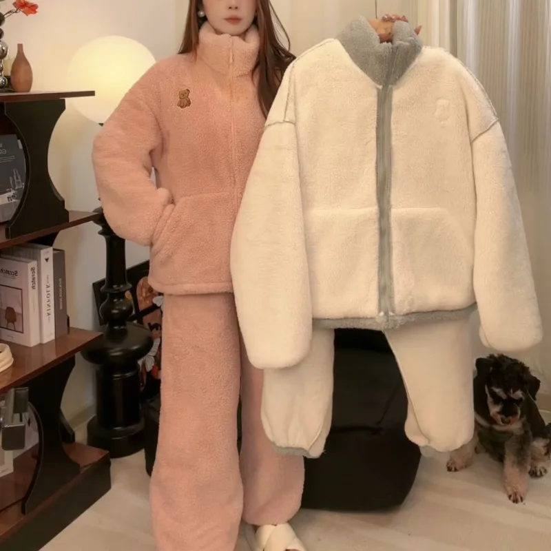 

[Двухслойное утолщение флиса Lamb] Новые пижамы, женский костюм, осенне-зимние флисовые утолщенные комплекты домашней одежды из кораллового флиса